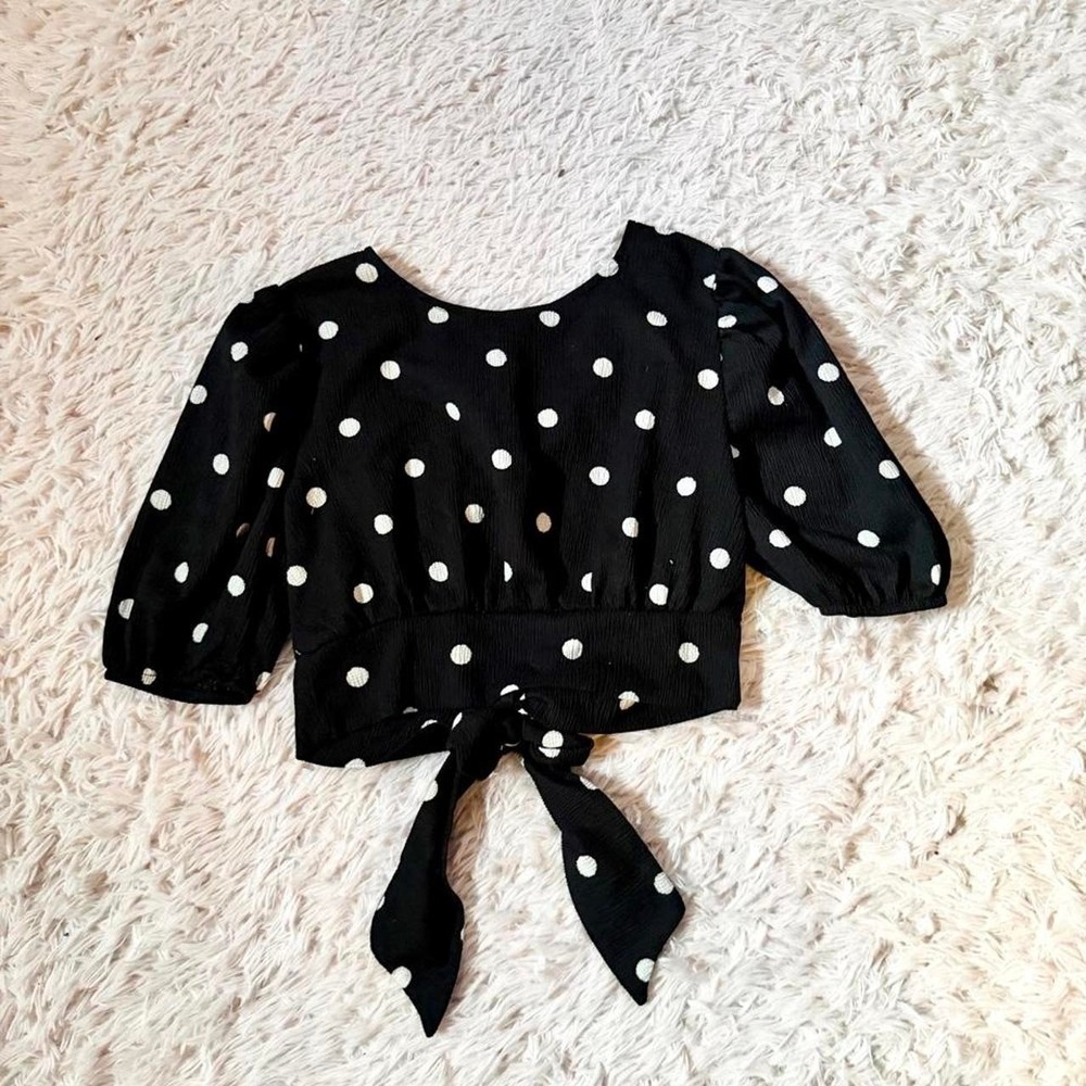 Retro Polka Dot Pinup Open Back Puff Sleeve Tie Crop Top Womens XS Playful Quirk